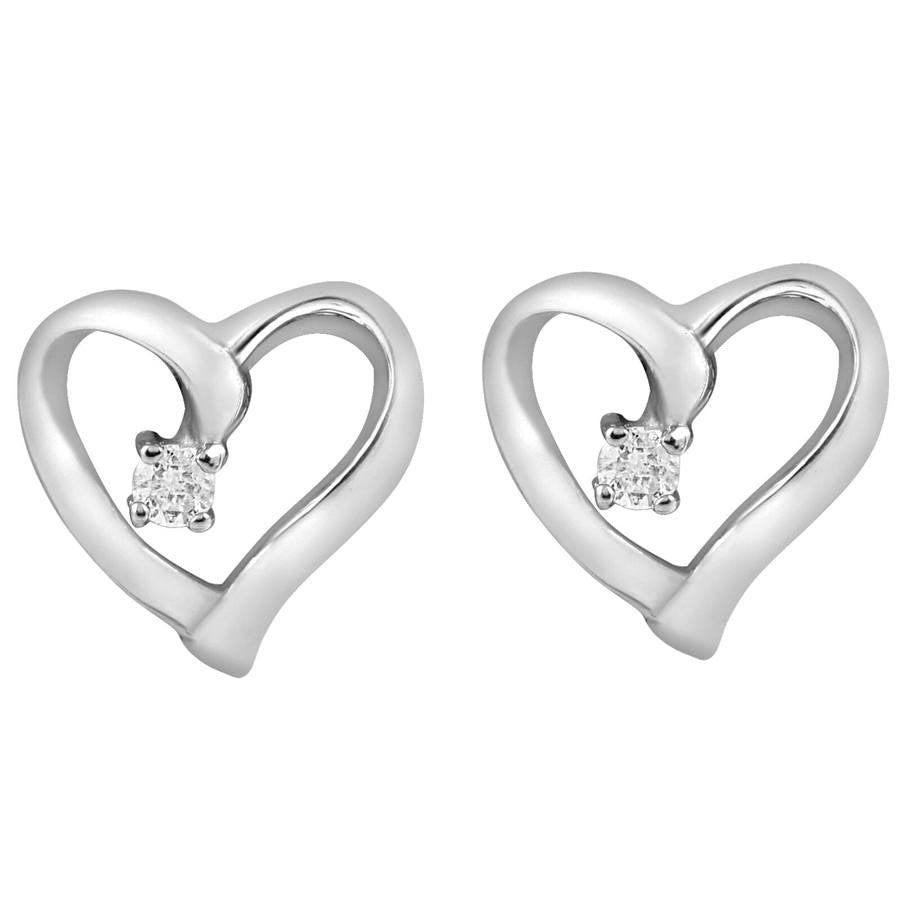 Diamond Heart Earrings, .05 Carat on Solid 14k White gold