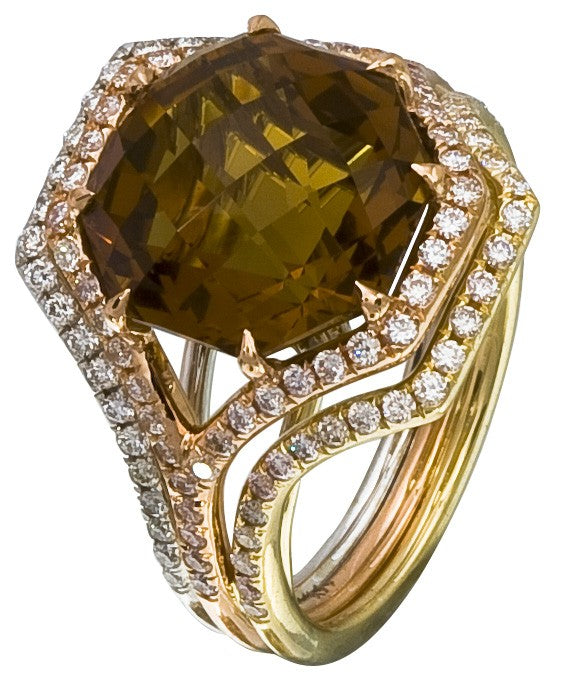 Diamond Ring, .74 Carat Diamonds 7.40 Carat Topaz on 14K Rose, White & Yellow Gold