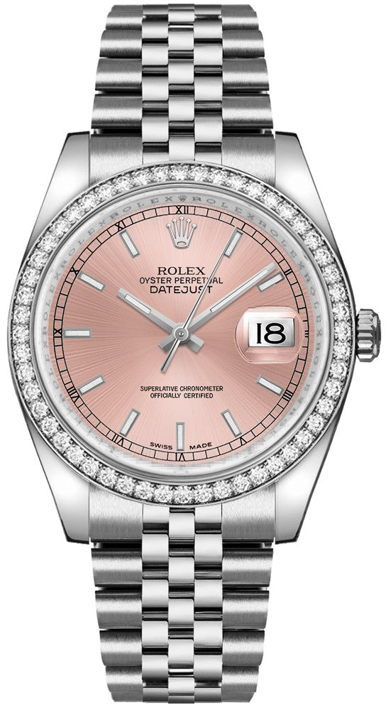 Rolex Datejust 36 Pink Dial Diamond Bezel Women's Watch 116244-0050