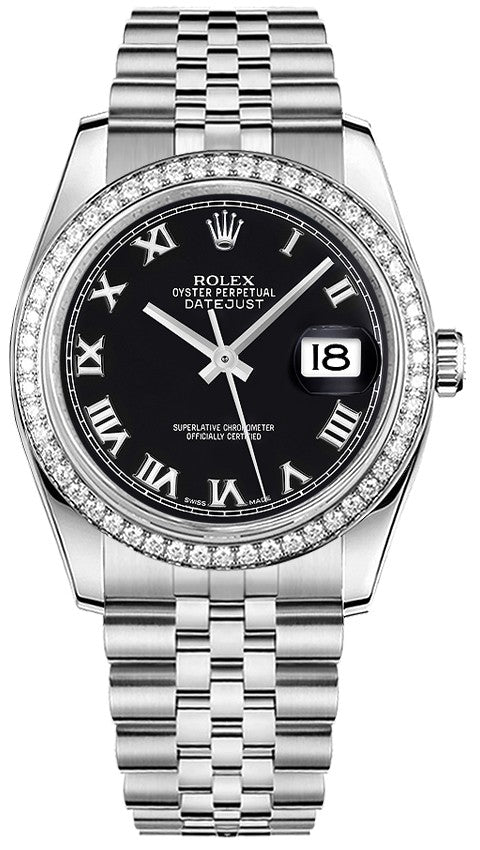 Rolex Datejust 36 Black Roman Numeral Dial Watch 116244-0045