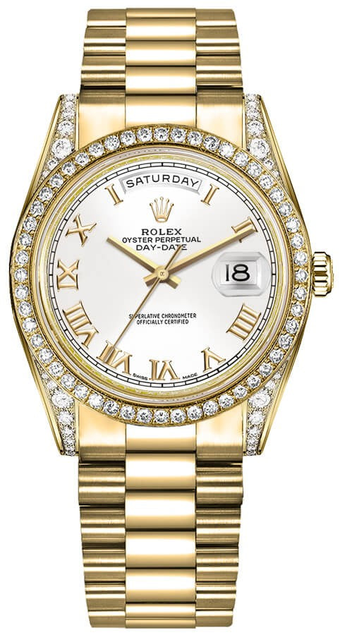 Rolex Day-Date 36 Solid Gold White Roman Numeral Watch 118388-0082