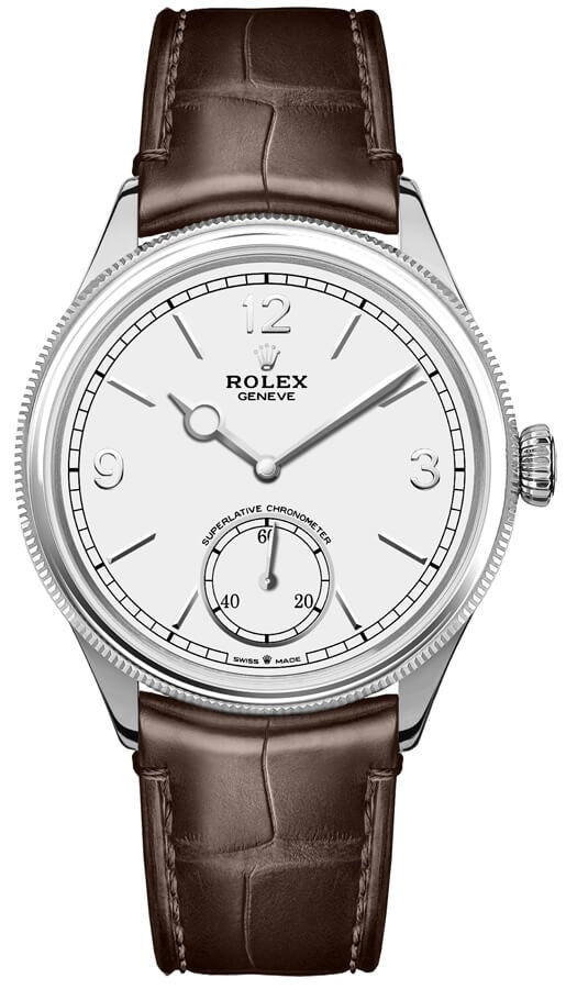 Rolex 1908 White Dial Brown Leather Strap 39mm Men's Watch 52509-0006