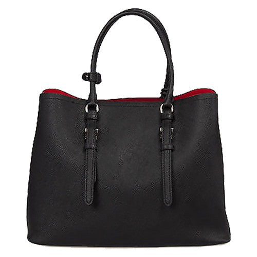 Prada Black Saffiano Cuir Double Large Tote Bag with Red Lining