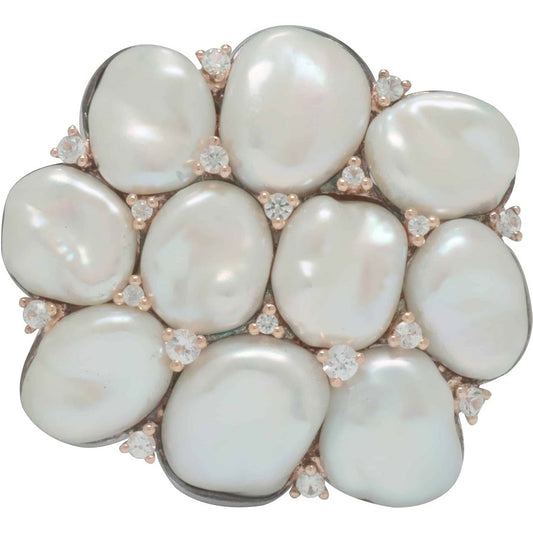 Mimi Milano 18k Rose Gold White Sapphire Pearl Brooch S297C1Z-56