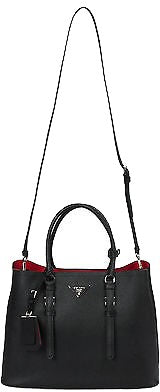 Prada Black Saffiano Cuir Double Large Tote Bag with Red Lining