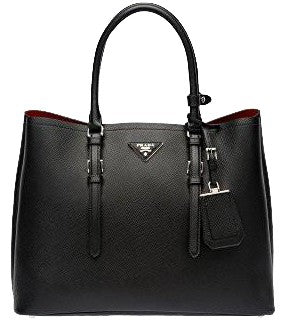 Prada Black Saffiano Cuir Double Large Tote Bag with Red Lining