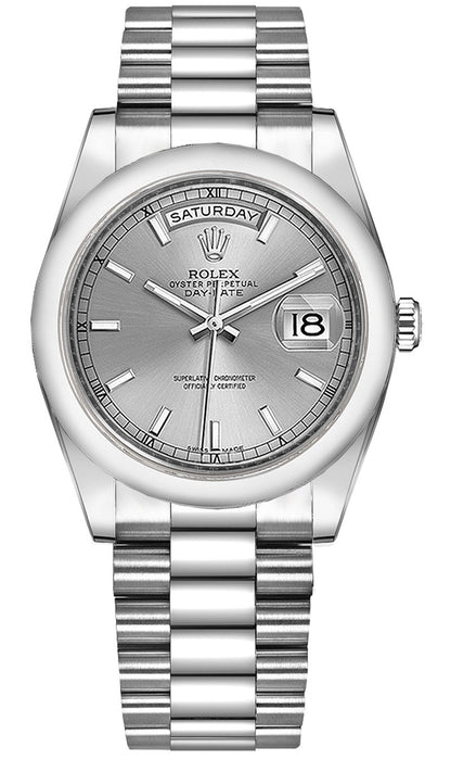 Rolex Day-Date 36 Silver Dial White 18K Gold Watch 118209