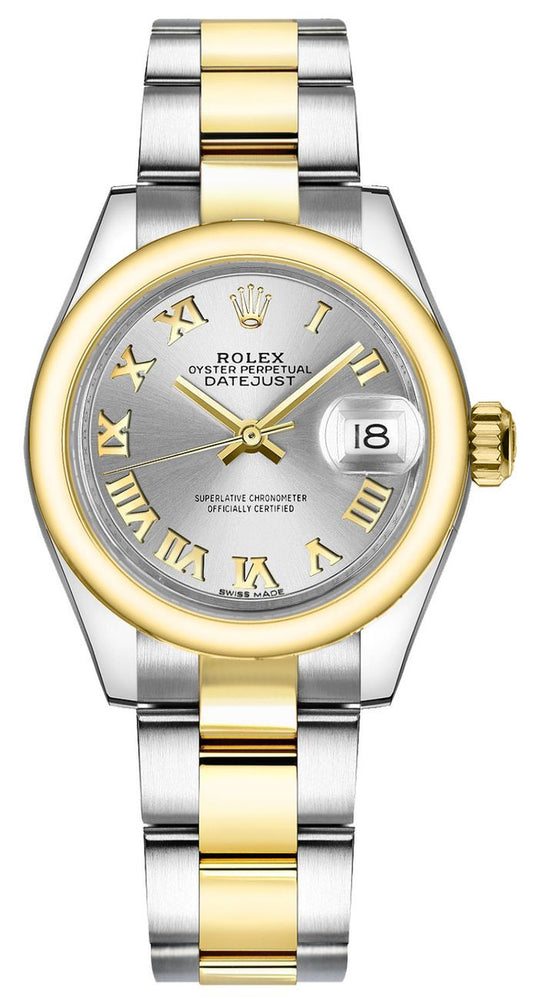 Rolex Lady-Datejust 28 Silver Roman Numeral Gold & Steel Watch 279163