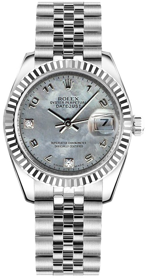 Rolex Datejust 31 Automatic Steel & 18k White Gold Fluted Bezel Watch 178274