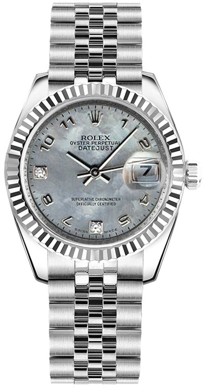 Rolex Datejust 31 Automatic Steel & 18k White Gold Fluted Bezel Watch 178274