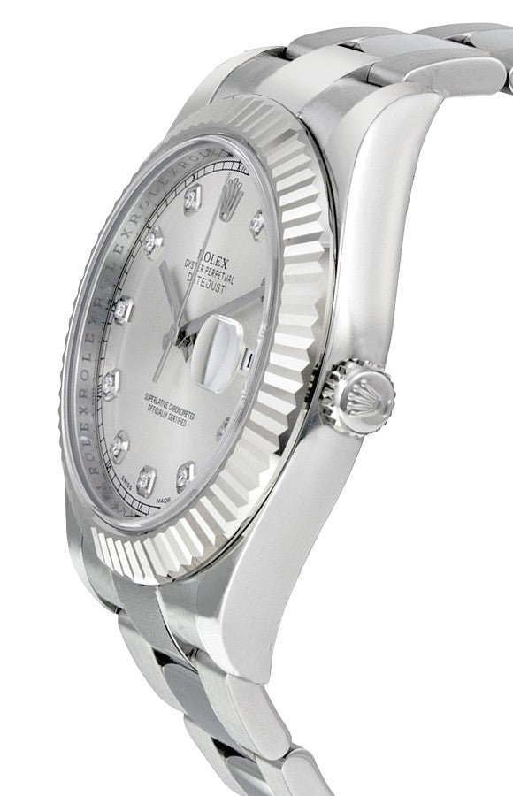 Rolex Datejust II 41 Silver Diamond Dial Fluted Bezel Men's Watch 116334-0007