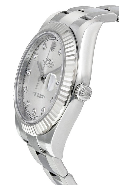 Rolex Datejust II 41 Silver Diamond Dial Fluted Bezel Men's Watch 116334-0007
