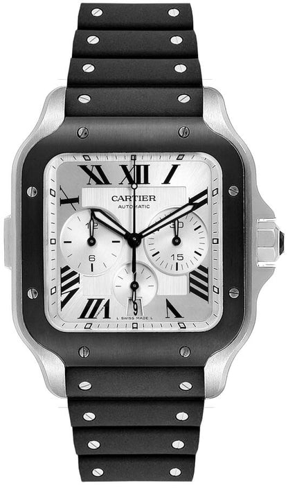Cartier Santos De Cartier Chronograph Silver Dial Black Rubber Men's Watch WSSA0017