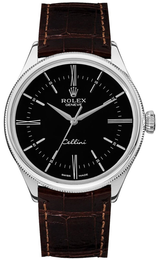 Rolex Cellini Time 18k White Gold Black Dial Men's Watch 50509