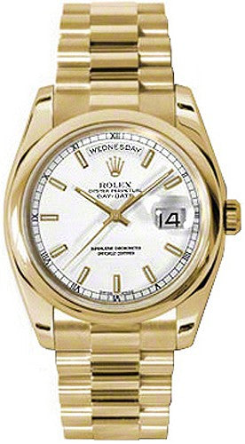 Rolex Day-Date 36 White Dial Gold Domed Bezel Watch 118208-0068