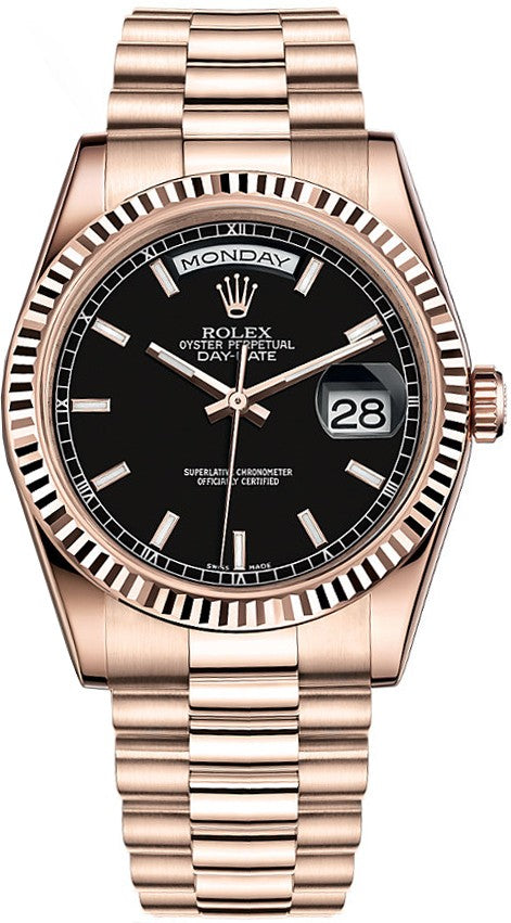 Rolex Day-Date 36 Black Dial Fluted Bezel Gold Watch 118235-0004