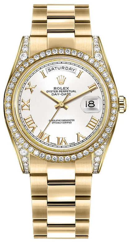Rolex Day-Date 36 White Roman Numeral Solid Gold Watch 118388-0101