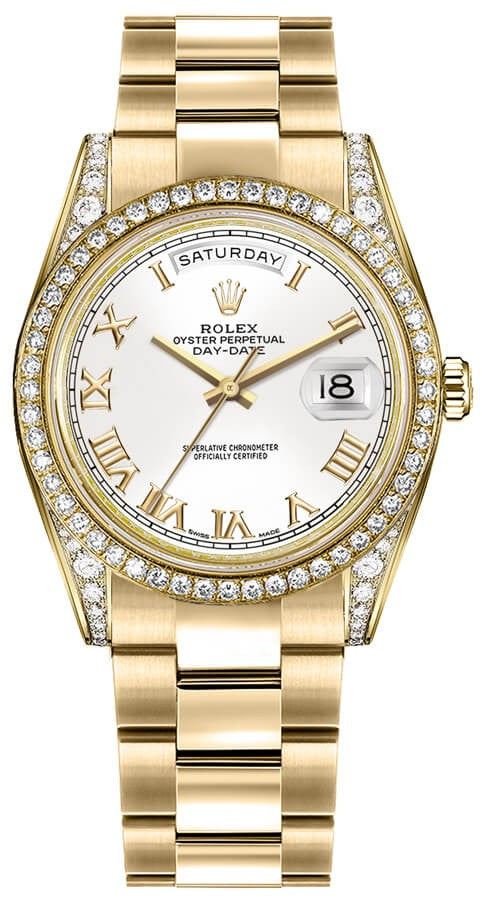 Rolex Day-Date 36 White Roman Numeral Solid Gold Watch 118388-0101