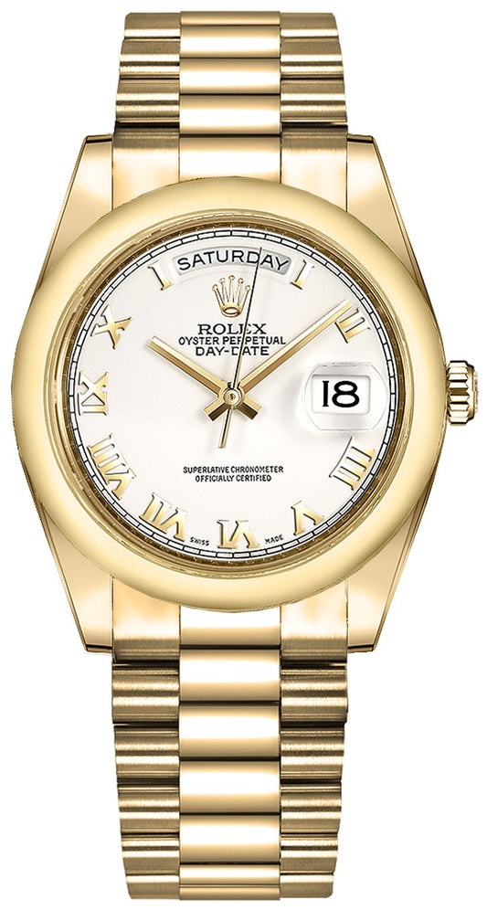 Rolex Day-Date 36 White Roman Numeral Solid Gold Watch 118208-0072